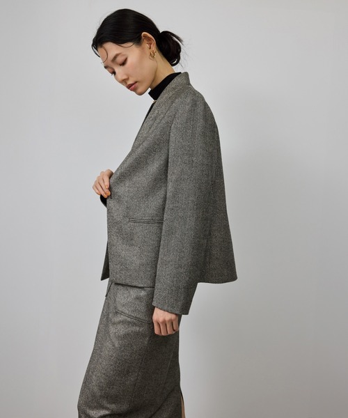 ウール混ノーカラージャケット(無地/ヘリンボーン)/セットアップ対応