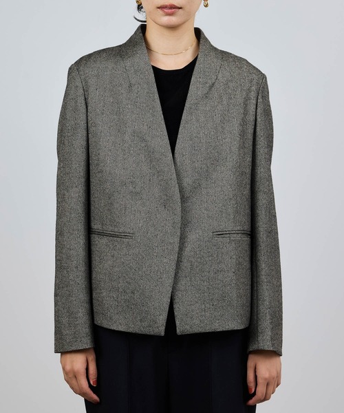 ウール混ノーカラージャケット(無地/ヘリンボーン)/セットアップ対応