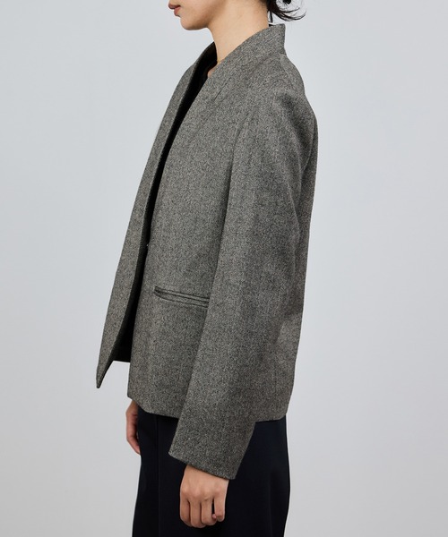 セール】ウールレーヨンノーカラージャケット(無地/ヘリンボーン