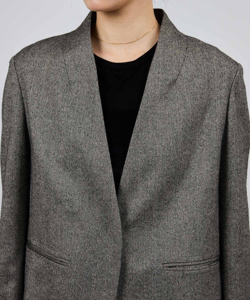 ウール混ノーカラージャケット(無地/ヘリンボーン)/セットアップ対応