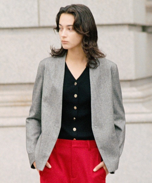 ウール混ノーカラージャケット(無地/ヘリンボーン)/セットアップ対応