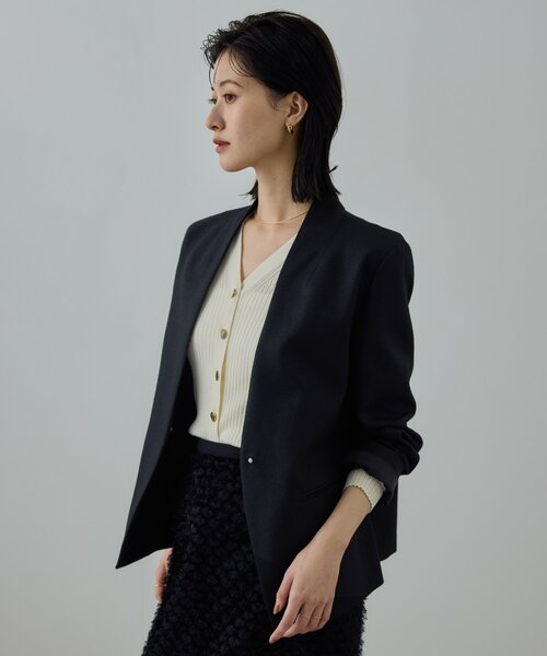 セール】ウールレーヨンノーカラージャケット(無地/ヘリンボーン