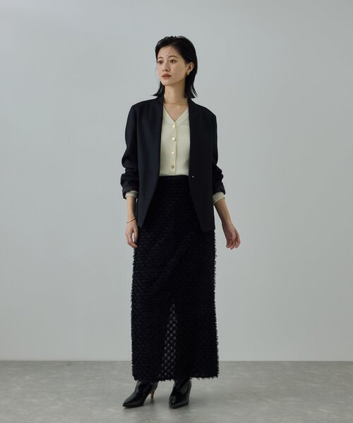 セール】ウールレーヨンノーカラージャケット(無地/ヘリンボーン