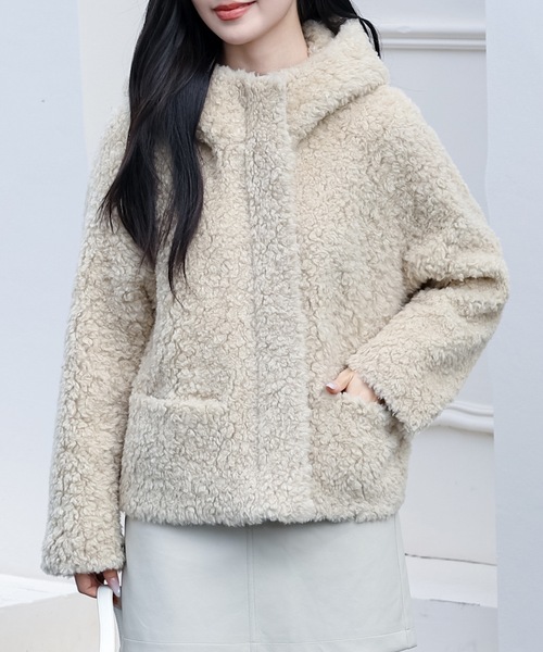 Lace Ladies(レースレディース)の「ポケット付き フーデット ジップアップ ボア ジャケット(ブルゾン・レディース・ベージュ/アイボリー/ブラック/チャコールグレー・FREE)」の4枚目の写真