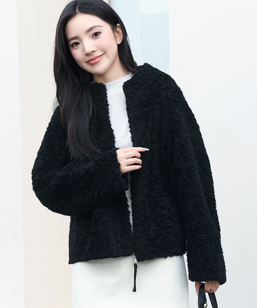Lace Ladies(レースレディース)の「ポケット付き フーデット ジップアップ ボア ジャケット(ブルゾン・レディース・ベージュ/アイボリー/ブラック/チャコールグレー・FREE)」の6枚目の写真