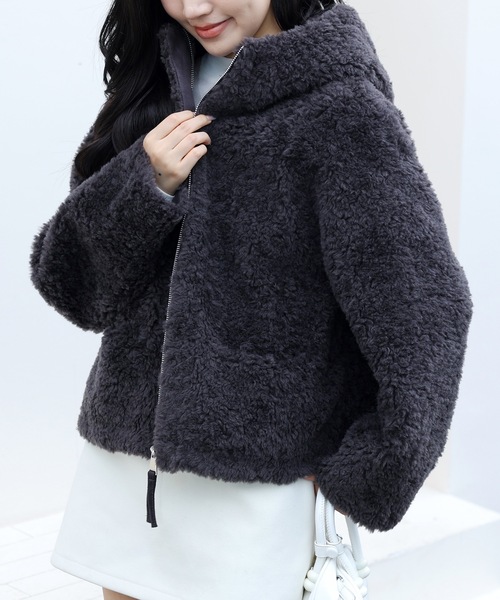 Lace Ladies(レースレディース)の「ポケット付き フーデット ジップアップ ボア ジャケット(ブルゾン・レディース・ベージュ/アイボリー/ブラック/チャコールグレー・FREE)」の12枚目の写真