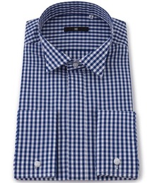 SUIT SELECT（スーツセレクト）の「【フォーマル・イベント】【長袖】【BLACK LINE】ウイングカラードレスワイシャツ/ブルー＆ホワイト×チェック+ダブルカフス(ゴムカフス付)（ビジネスシャツ）」