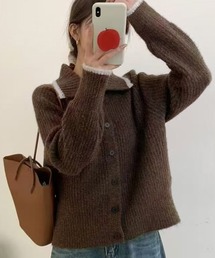 配色ライン襟付きニットカーディガン