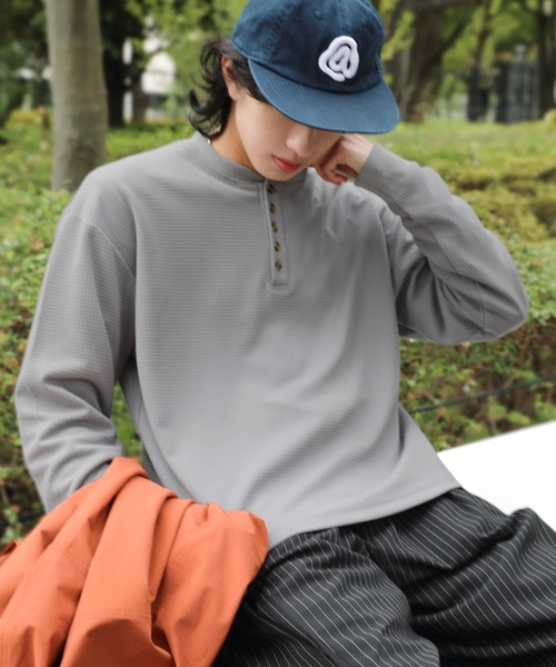 ワッフル5ボタンヘンリーネック長袖カットソー（Tシャツ/カットソー