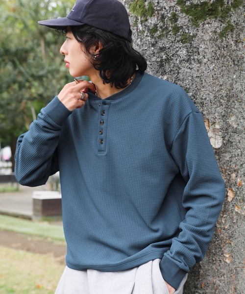 ワッフル5ボタンヘンリーネック長袖カットソー（Tシャツ/カットソー
