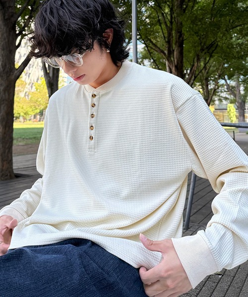 ワッフル5ボタンヘンリーネック長袖カットソー（Tシャツ/カットソー
