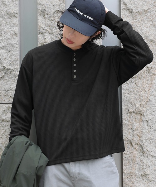 ワッフル5ボタンヘンリーネック長袖カットソー（Tシャツ/カットソー