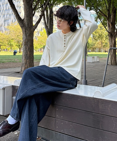 NAKER(ネイカー)の「ワッフル5ボタンヘンリーネック長袖カットソー(Tシャツ/カットソー・メンズ・アイボリー/ブラック/グレー/ブルー・S/M/L/XL)」の16枚目の写真