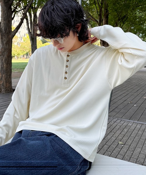 ワッフル5ボタンヘンリーネック長袖カットソー（Tシャツ/カットソー