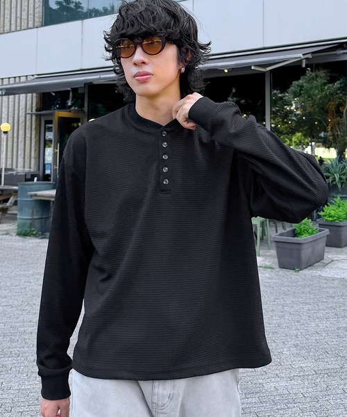 ワッフル5ボタンヘンリーネック長袖カットソー（Tシャツ/カットソー