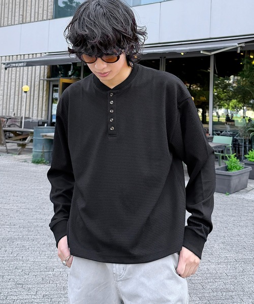 ワッフル5ボタンヘンリーネック長袖カットソー（Tシャツ/カットソー