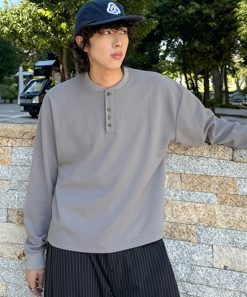 ワッフル5ボタンヘンリーネック長袖カットソー（Tシャツ/カットソー