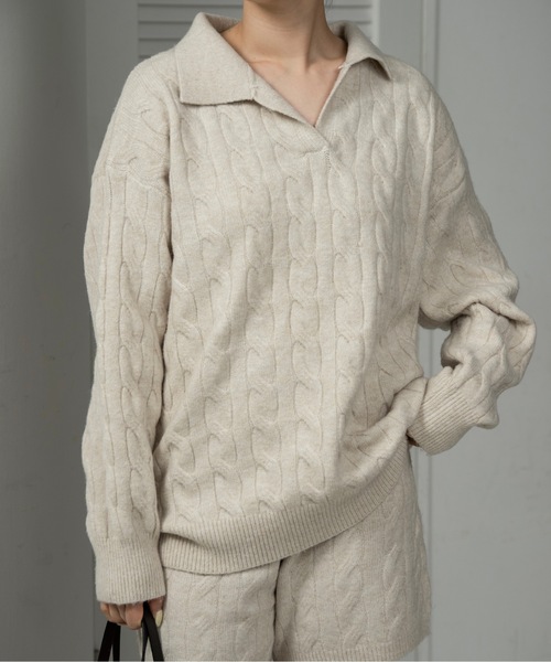 lawgy（ラウジー）の「cable loose knit set up / ケーブルルースニットセットアップ（セットアップ・レディース・ベージュ/グレー・FREE）」の5枚目の写真