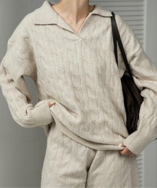 lawgy（ラウジー）の「cable loose knit set up / ケーブルルースニットセットアップ（セットアップ・レディース・ベージュ/グレー・FREE）」の6枚目の写真