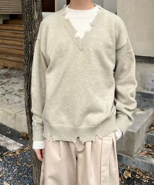 FreeZone（フリーゾーン）の「ダメージVネックニットプルオーバー（ニット/セーター・メンズ・ベージュ/グレー・F）」の13枚目の写真