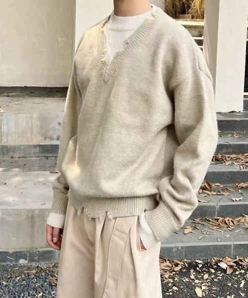 FreeZone（フリーゾーン）の「ダメージVネックニットプルオーバー（ニット/セーター・メンズ・ベージュ/グレー・F）」の16枚目の写真