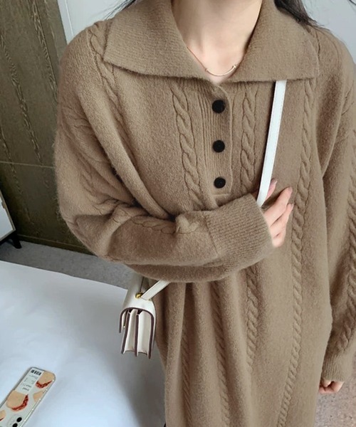 セール】ケーブル編み ポロニットワンピース /ケーブルニット ロング