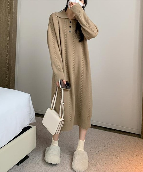lulufa(ルルファ)の「ケーブル編み ポロニットワンピース /ケーブルニット ロングワンピース 韓国フェミニン(ワンピース・レディース・ベージュ/ホワイト/ブラック・FREE)」の18枚目の写真