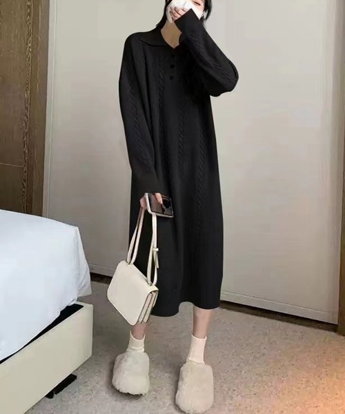 lulufa(ルルファ)の「ケーブル編み ポロニットワンピース /ケーブルニット ロングワンピース 韓国フェミニン(ワンピース・レディース・ベージュ/ホワイト/ブラック・FREE)」の17枚目の写真