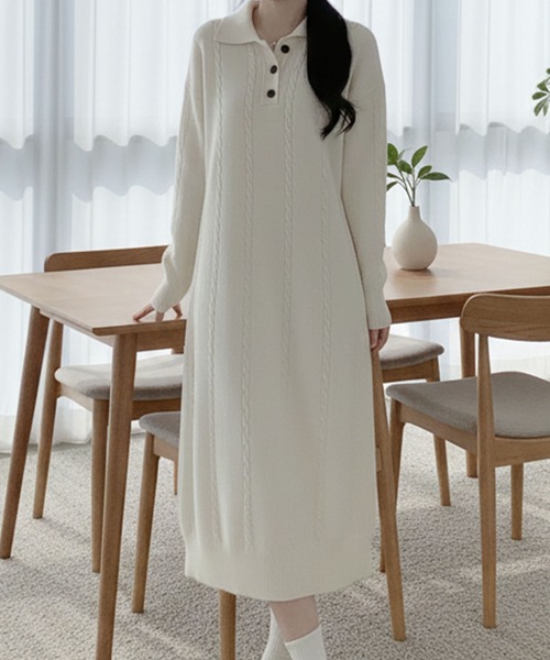 lulufa(ルルファ)の「ケーブル編み ポロニットワンピース /ケーブルニット ロングワンピース 韓国フェミニン(ワンピース・レディース・ベージュ/ホワイト/ブラック・FREE)」の20枚目の写真