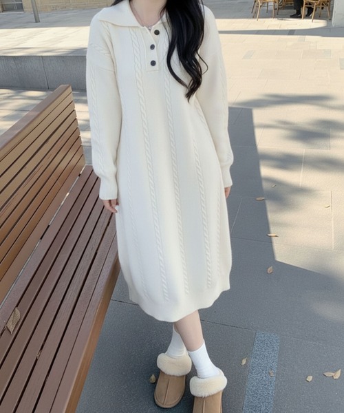 lulufa(ルルファ)の「ケーブル編み ポロニットワンピース /ケーブルニット ロングワンピース 韓国フェミニン(ワンピース・レディース・ベージュ/ホワイト/ブラック・FREE)」の21枚目の写真