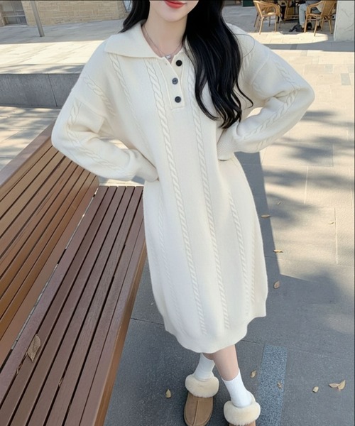 lulufa(ルルファ)の「ケーブル編み ポロニットワンピース /ケーブルニット ロングワンピース 韓国フェミニン(ワンピース・レディース・ベージュ/ホワイト/ブラック・FREE)」の22枚目の写真