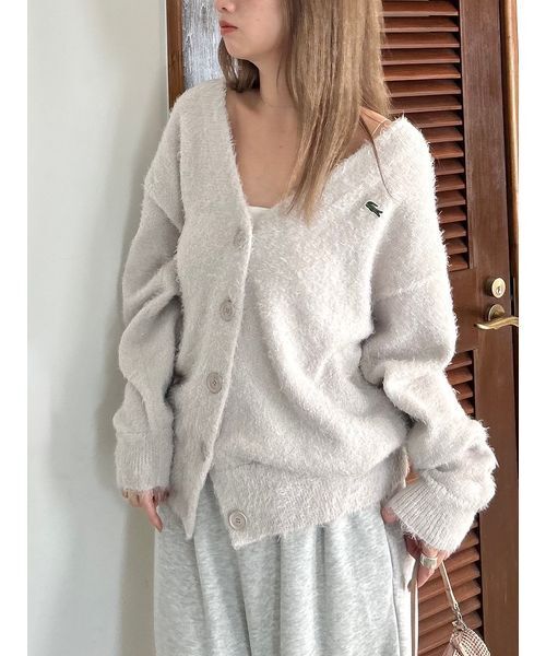 スナイデル　ラコステ　コラボ　ラメニットカーディガン　ホワイト　36 LACOSTE/ラメニットカーディガン（カーディガン/ボレロ）｜SNIDEL