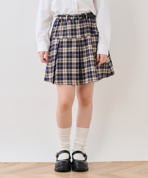pom ponette junior(ポンポネットジュニア)の「【130cmあり】チェックボックスタックスカート×インパンセット(スカート・キッズ・ネイビー/アイボリー・L/SS/S/M)」の1枚目の写真