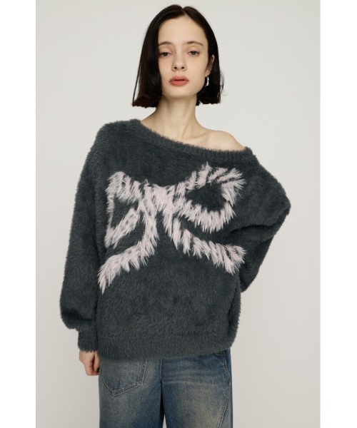 SLY(スライ)の「ONE SHOULDER RIBBON KNIT TOPS ワンショルダー リボン ニット トップス(ニット/セーター・レディース・ブラック/オフホワイト/グレー/レッド・FREE)」の5枚目の写真