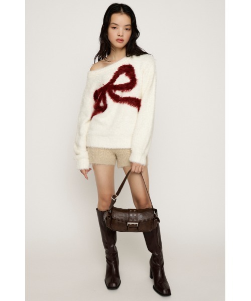 セール】ONE SHOULDER RIBBON KNIT TOPS ワンショルダー リボン ニット 