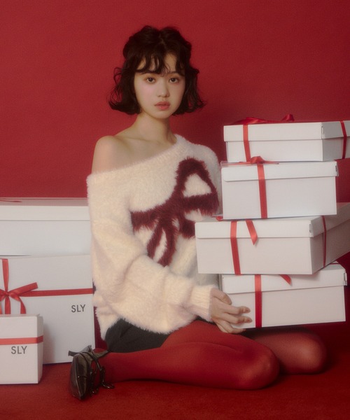 セール】ONE SHOULDER RIBBON KNIT TOPS ワンショルダー リボン ニット