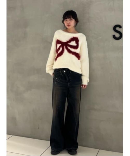 セール】ONE SHOULDER RIBBON KNIT TOPS ワンショルダー リボン ニット
