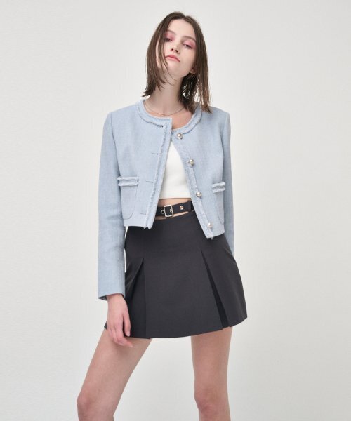 ETMON(エトモン)の「Fringe Detail Tweed Jacket, Sky Blue(その他アウター・レディース・その他・SMALL/MEDIUM)」の1枚目の写真