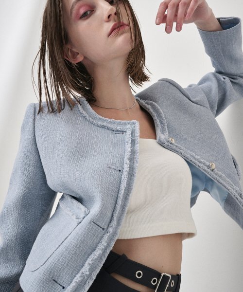 ETMON(エトモン)の「Fringe Detail Tweed Jacket, Sky Blue(その他アウター・レディース・その他・SMALL/MEDIUM)」の2枚目の写真