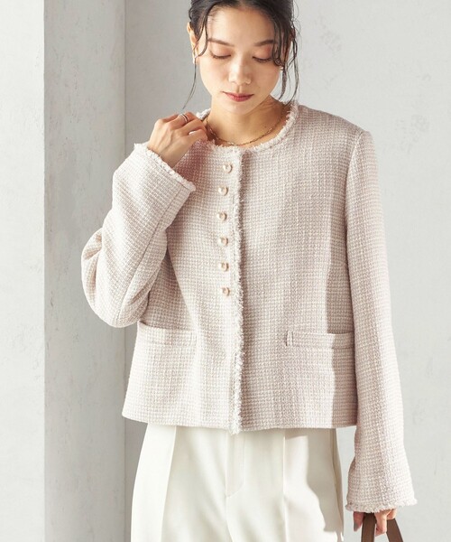 SHIPS（シップス）の「トライスピン 杢 ツイード パール モチーフ ボタン ジャケット（セレモニー対応可）（ノーカラージャケット・レディース・ネイビー/ライトグレー/ブラック・36/38）」の2枚目の写真