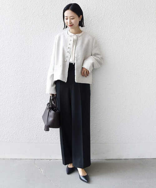 トライスピン 杢 ツイード パール モチーフ ボタン ジャケット