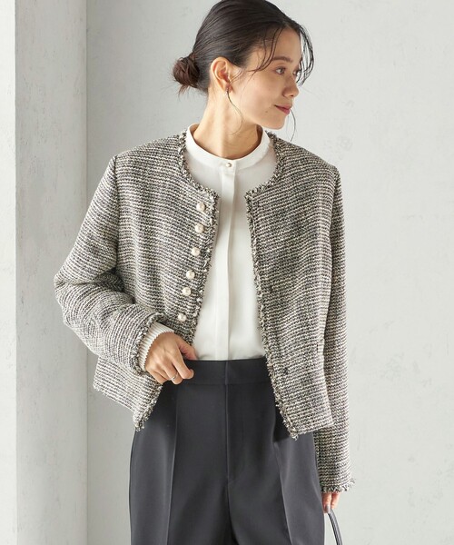 SHIPS（シップス）の「トライスピン 杢 ツイード パール モチーフ ボタン ジャケット（セレモニー対応可）（ノーカラージャケット・レディース・ネイビー/ライトグレー/ブラック・36/38）」の12枚目の写真