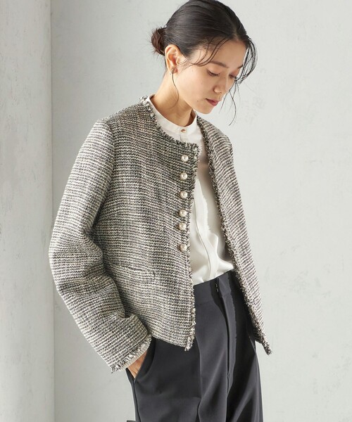 SHIPS（シップス）の「トライスピン 杢 ツイード パール モチーフ ボタン ジャケット（セレモニー対応可）（ノーカラージャケット・レディース・ネイビー/ライトグレー/ブラック・36/38）」の13枚目の写真