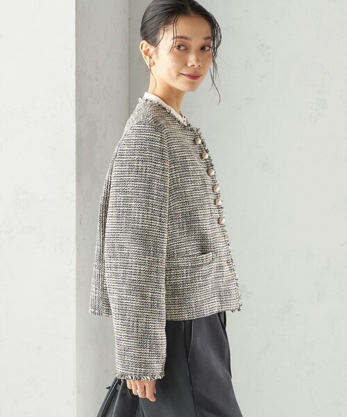 SHIPS（シップス）の「トライスピン 杢 ツイード パール モチーフ ボタン ジャケット（セレモニー対応可）（ノーカラージャケット・レディース・ネイビー/ライトグレー/ブラック・36/38）」の17枚目の写真