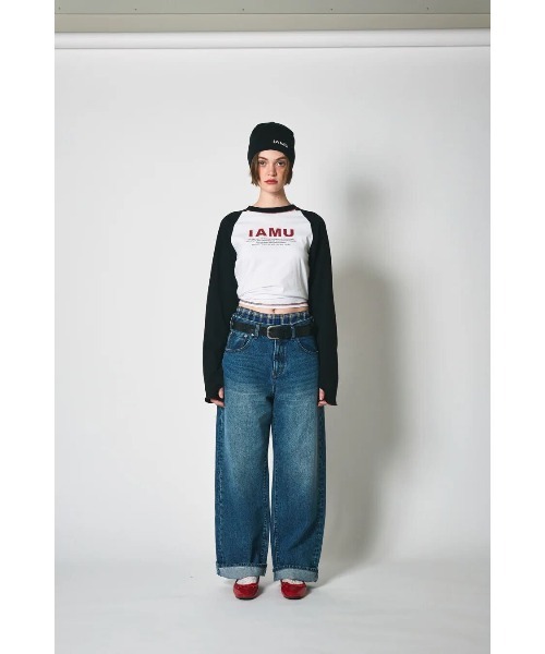 CREO STORE(クレオストア)の「【IAMU】 Ragran Finger Hole Tee(Tシャツ/カットソー・レディース・ホワイト×ブラック/ホワイト×ブルー・FREE)」の4枚目の写真