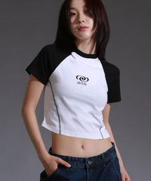 シンボルラウンド切り替えステッチクロップTシャツ_ホワイト