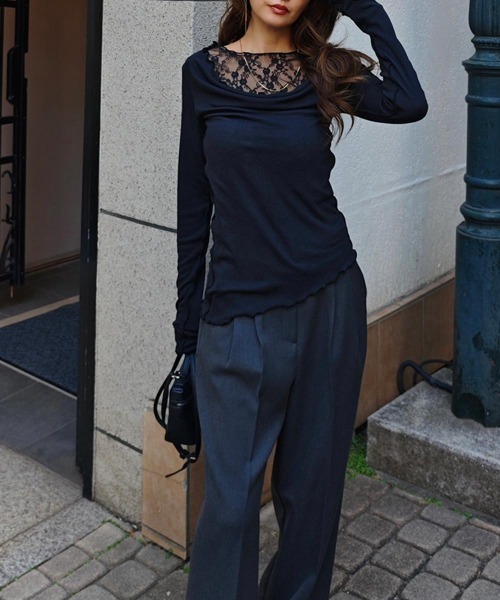 esutoreja(エストレジャ)の「レースレイヤードドレープトップス(Tシャツ/カットソー・レディース・アイボリー/チャコール/ブラック・FREE)」の6枚目の写真