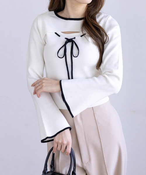 clear（クリア）の「胸元前開きリボンニットトップス[バレエコア ガーリー]（ニット/セーター・レディース・ピンク/オフホワイト/ブラック・F）」の2枚目の写真