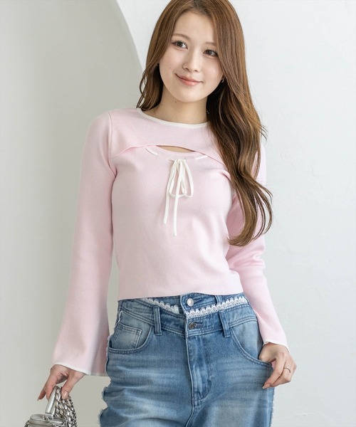 clear（クリア）の「胸元前開きリボンニットトップス[バレエコア ガーリー]（ニット/セーター・レディース・ピンク/オフホワイト/ブラック・F）」の3枚目の写真