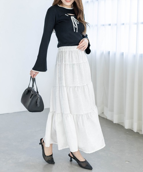 clear（クリア）の「胸元前開きリボンニットトップス[バレエコア ガーリー]（ニット/セーター・レディース・ピンク/オフホワイト/ブラック・F）」の6枚目の写真